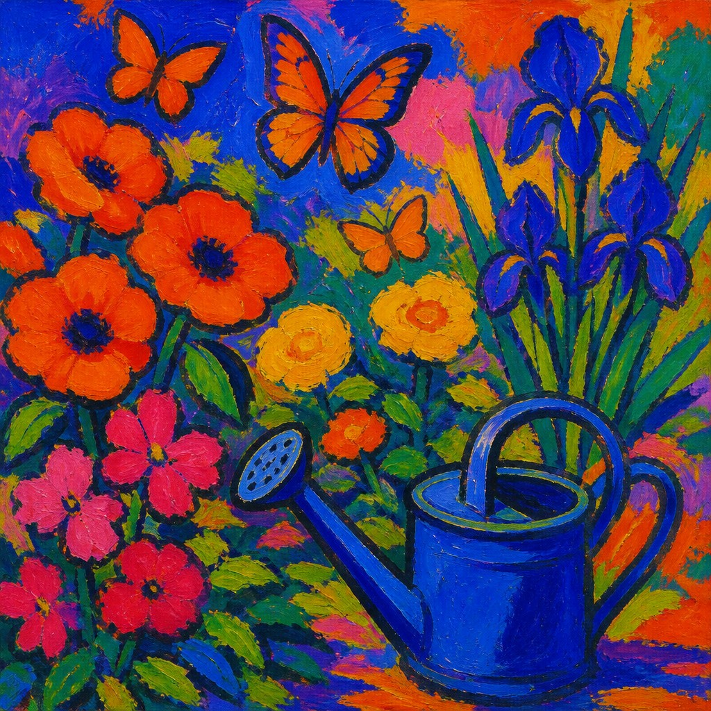 a garden scene with butterflies, flowers and a watering can, clean uncolored line art, no text
