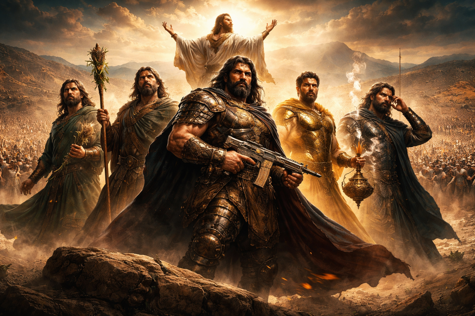A cinematic, hyper-realistic wide shot of six valiant biblical warriors, the sons of Tola, standing as "heads of their father’s house" in an ancient Levantine desert landscape. In the center, Uzzi is a massive, muscular commander clad in bronze armor, incongruously wielding a modern tactical Uzi submachine gun with gold engravings. Surrounding him are his brothers: Rephaiah holding a staff entwined with healing herbs; Jeriel standing atop a massive foundation stone looking toward heaven; Jahmai enveloped in a warm, protective golden aura; Jibsam Holding a detailed censer releasing fragrant incense smoke.; and Shemuel in a posture of listening, hand to his ear as if hearing a divine whisper. In the background, a vast army of 22,600 soldiers stretches to the horizon under the golden sun of King David’s era. Epic composition, dramatic chiaroscuro lighting, intricate leather and metal textures, 8k resolution, ArtStation style.
