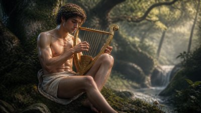 Orpheus ignudi playing the harp in the woods