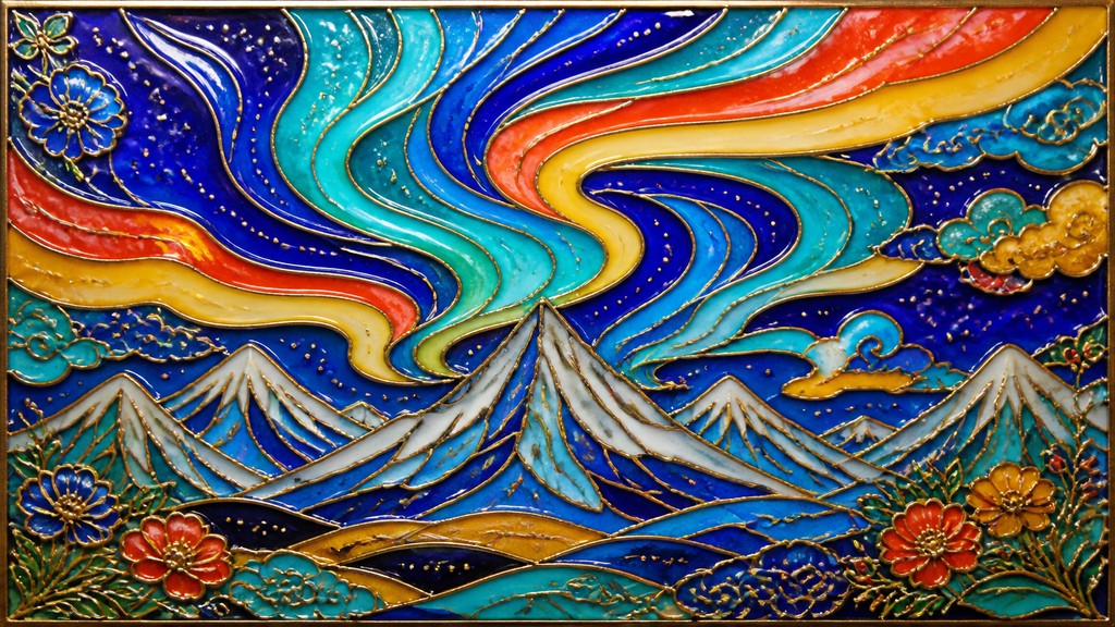 a flowing aurora over snowy peaks, wide sweeping composition, no people, no text