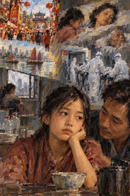 Paint this scene fo rme:  Siu-Zi is 12 years old, and her father lovingly calls her Ah Zi, meaning “little seed.”  She has always been a quiet, observant child. In the bustling streets of Guangzhou, where her early memories shimmered with bright festivals and quiet moments by the river, life had once seemed full of endless possibility. Until two years ago. She could still see vividly the day her Mother had come home early from her job. She was ill, and while Siu-Zi had seen her ill before, it had never been like this. She remembered with painful clarity the days and nights when her Mother, and then her Grandfather, had lay in bed, hardly moving, barely able to breathe. And then the terrible sadness of the day they were taken by the doctors – were they doctors? They seemed more like policemen in white uniforms! – to the hospital. Siu-Zi never saw either of them again. And it wasn’t just in her home, but in many homes in her part of the city, and then, she learned later, all over the country, something her Father called a pandemic was breaking up families, making mothers and fathers, and grandmothers and grandfathers, disappear. Siu-Zi and her Father were locked in their apartment for a very long time, unable to go outside. They scarcely had enough water to drink, and not nearly enough food to eat. After those terrible days, a deep, silent sorrow had settled over the family.