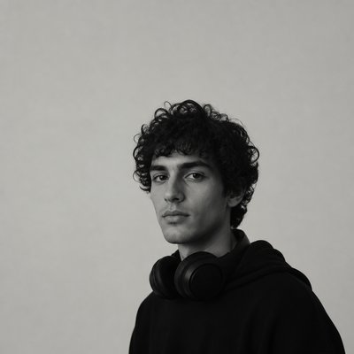 head-and-shoulders portrait of an original character: a young man with curly dark hair and headphones around his neck, plain backdrop, no text