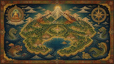 a map of an island realm with mountains, forests, a sheltered bay, sea monsters in the water and a compass rose, no text labels