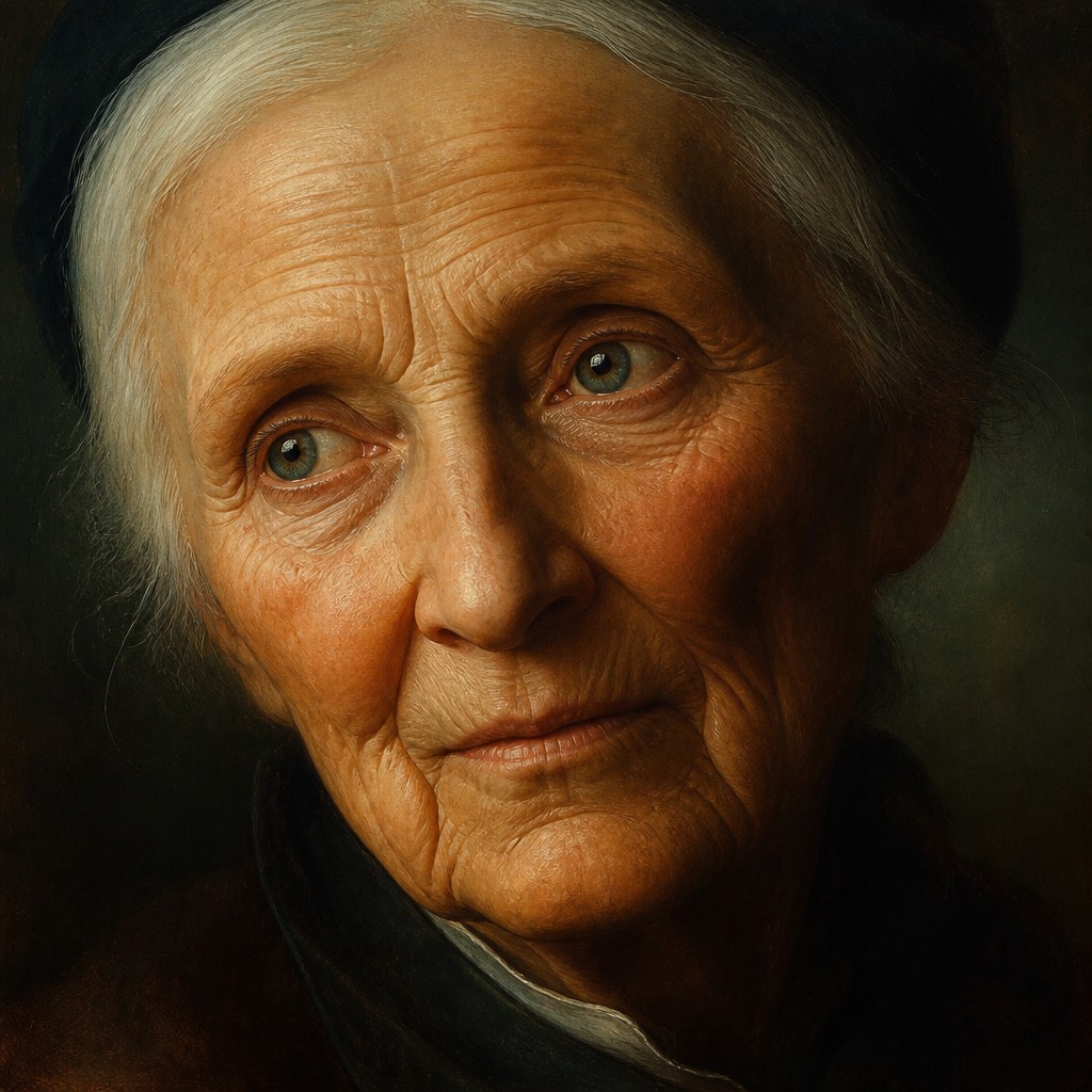 close-up portrait of an elderly person with expressive weathered features — Oil Glazing Painting Style