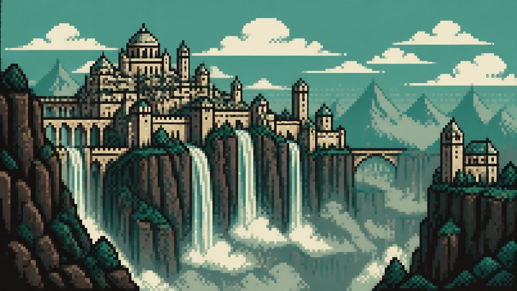 a cliffside city with waterfalls cascading into a misty canyon, wide establishing shot, no people, no text