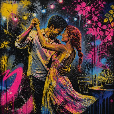 an original couple dancing under string lights in a garden at dusk: a man with short black hair in a linen shirt and a woman with braided red hair in a summer dress