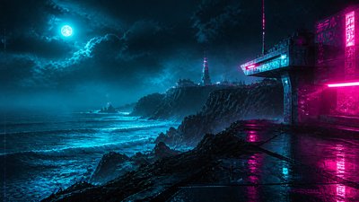 a moonlit coastline with cliffs and crashing surf, no people