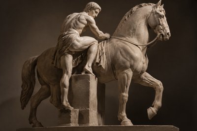 sculpture of an ancient greek athlete mounting a horse