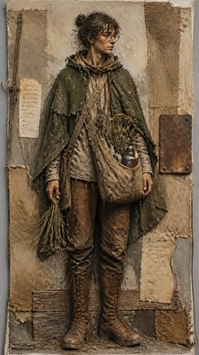 full-body original character: a wandering botanist with a satchel of plants, a patched green cloak, tall boots and round glasses, neutral background