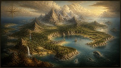 a map of an island realm with mountains, forests, a sheltered bay, sea monsters in the water and a compass rose, no text labels