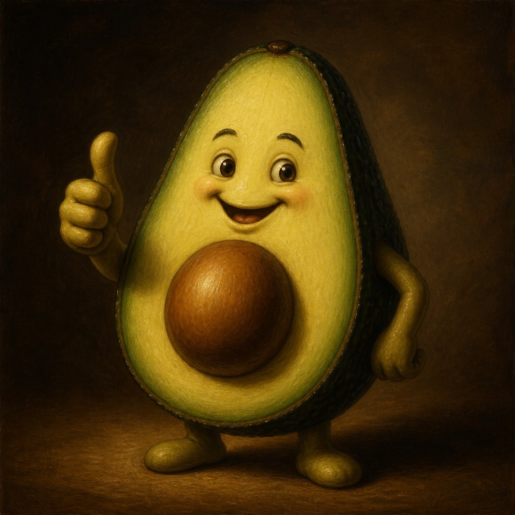 a happy avocado character giving a thumbs up, bold readable design on a plain background, no text
