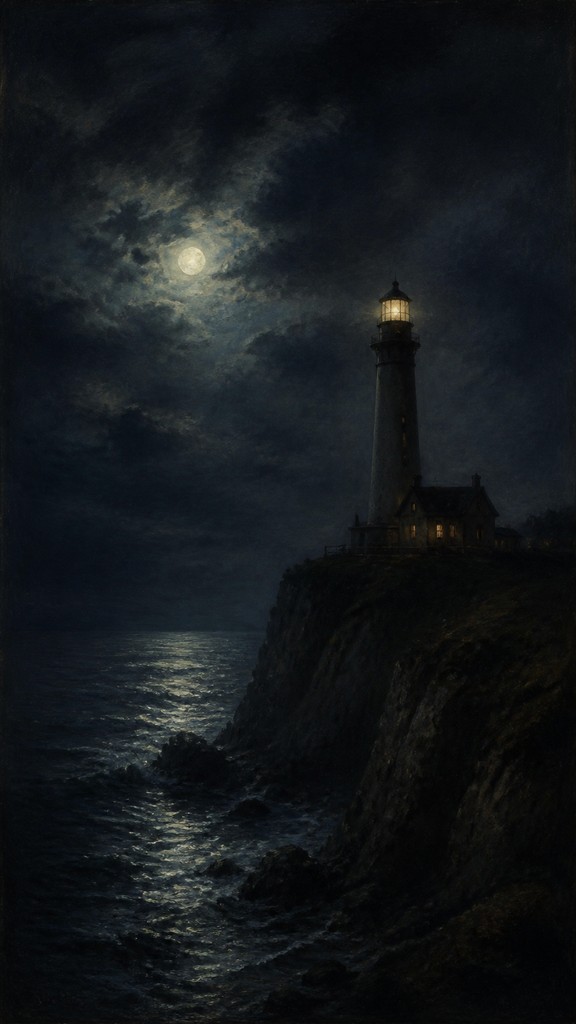 a lone lighthouse on a cliff at dusk under a dramatic sky, no text or lettering