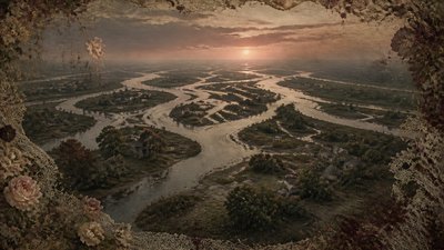 a wide river delta seen from above at sunset, no people