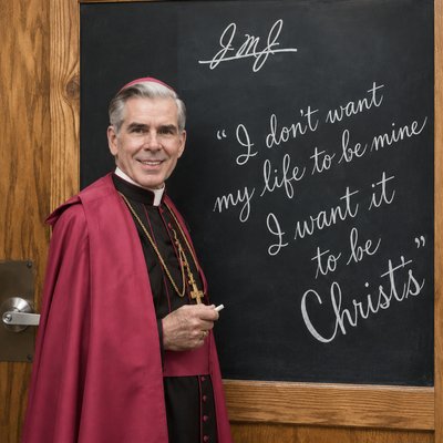 a man standing in front of a blackboard with a message written on it