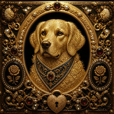 portrait of a golden retriever wearing a blue bandana, warm plain backdrop, no text
