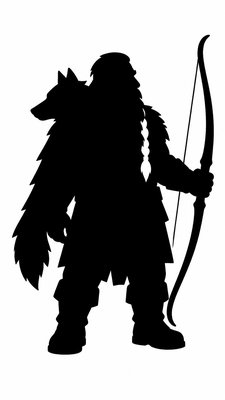 full-body original character: a dwarven ranger with a braided auburn beard, worn leather armor, a longbow and a wolf-pelt cloak, neutral background, no text