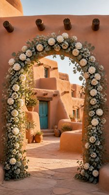 an arch of white roses and eucalyptus in soft morning light, elegant vertical composition with open space, no text
