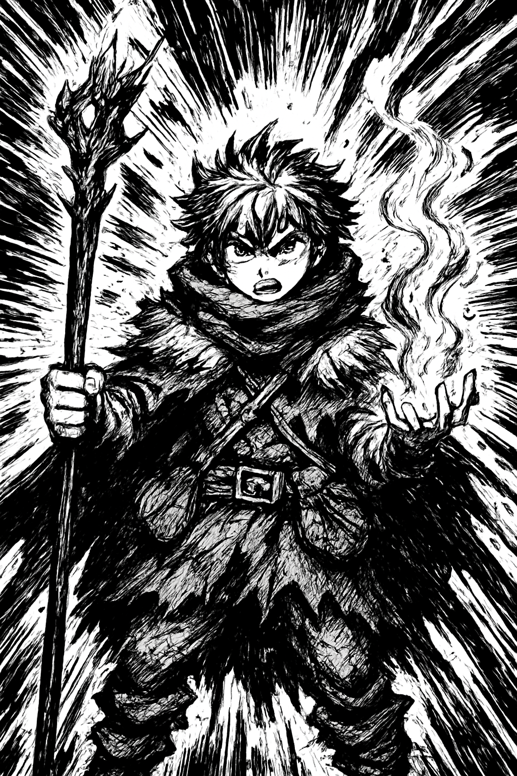 a black and white drawing of a wizard holding a staff