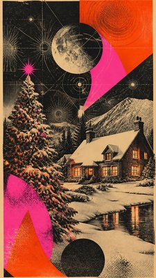 a snow-covered cottage with warm glowing windows beside a decorated pine tree, gentle snowfall, no text