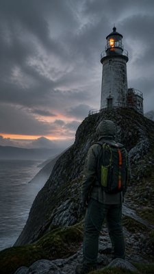 a lone lighthouse on a cliff at dusk under a dramatic sky, no text or lettering