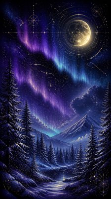a snowy pine forest under the northern lights, no people