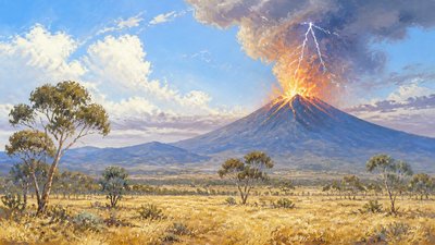 an erupting volcano with lightning strikes, dramatic wide composition, no text