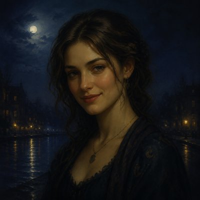 head-and-shoulders portrait of an original character: a young woman with wavy chestnut hair and a warm smile, plain soft backdrop