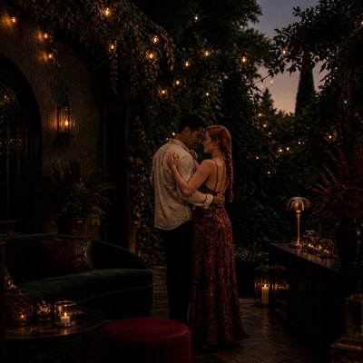 an original couple dancing under string lights in a garden at dusk: a man with short black hair in a linen shirt and a woman with braided red hair in a summer dress