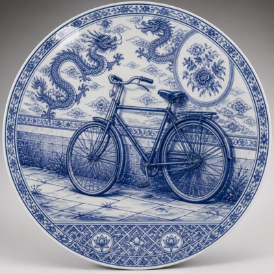 bicyle resting against a wall — Ming Porcelain Art Style