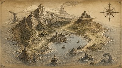 a map of an island realm with mountains, forests, a sheltered bay, sea monsters in the water and a compass rose, no text labels
