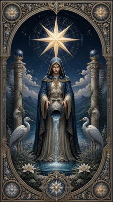 a robed figure pouring water beneath a large eight-pointed star in a night sky, symmetrical composition with an ornate decorative border, no text