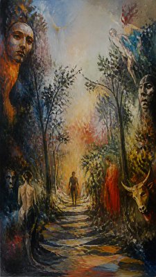 a mysterious forest path with fireflies and drifting mist, atmospheric vertical composition with open space at the top, no text