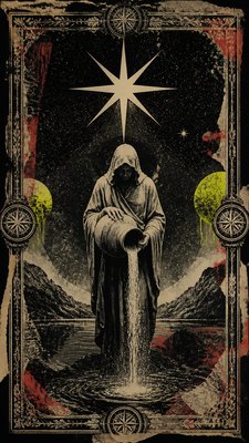 a robed figure pouring water beneath a large eight-pointed star in a night sky, symmetrical composition with an ornate decorative border, no text