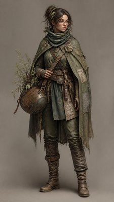full-body original character: a wandering botanist with a satchel of plants, a patched green cloak, tall boots and round glasses, neutral background