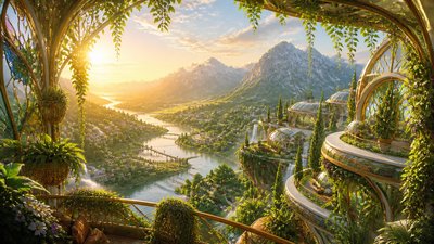 a vast valley with a river winding toward distant mountains at sunrise, no people, no text