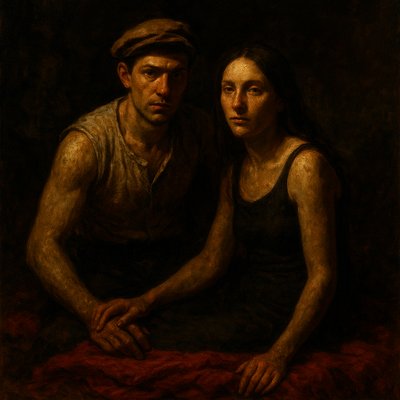 a painting of a man and woman sitting next to each other