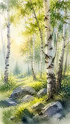 a serene birch forest in soft morning light, no people, no text