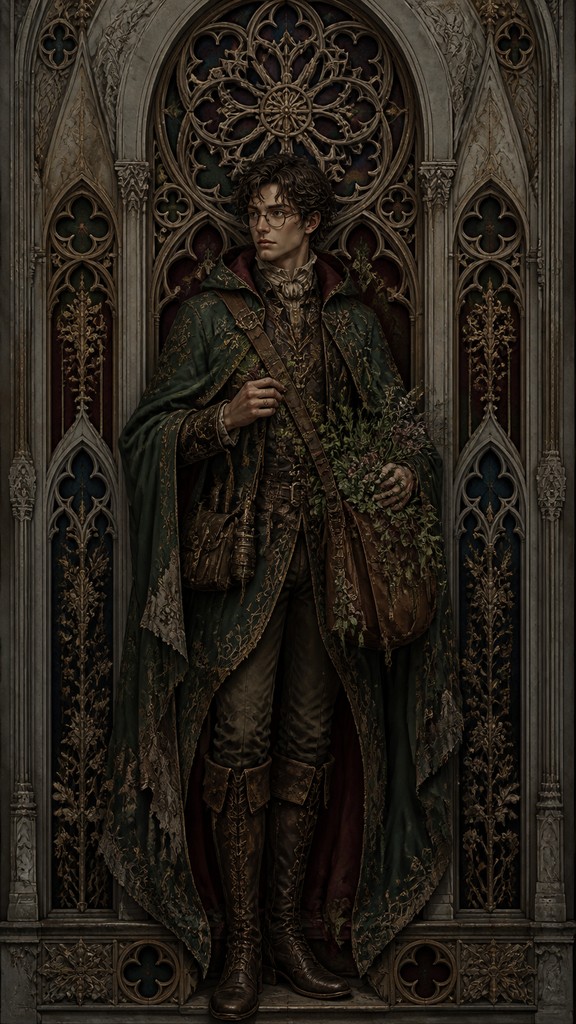 full-body original character: a wandering botanist with a satchel of plants, a patched green cloak, tall boots and round glasses, neutral background