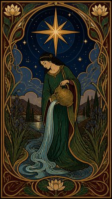 a robed figure pouring water beneath a large eight-pointed star in a night sky, symmetrical composition with an ornate decorative border, no text