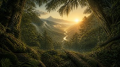 a vast valley with a river winding toward distant mountains at sunrise, no people, no text