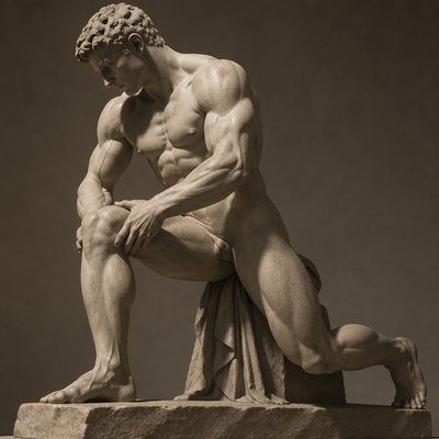 ancient greek athlete bending his leg in exercise training