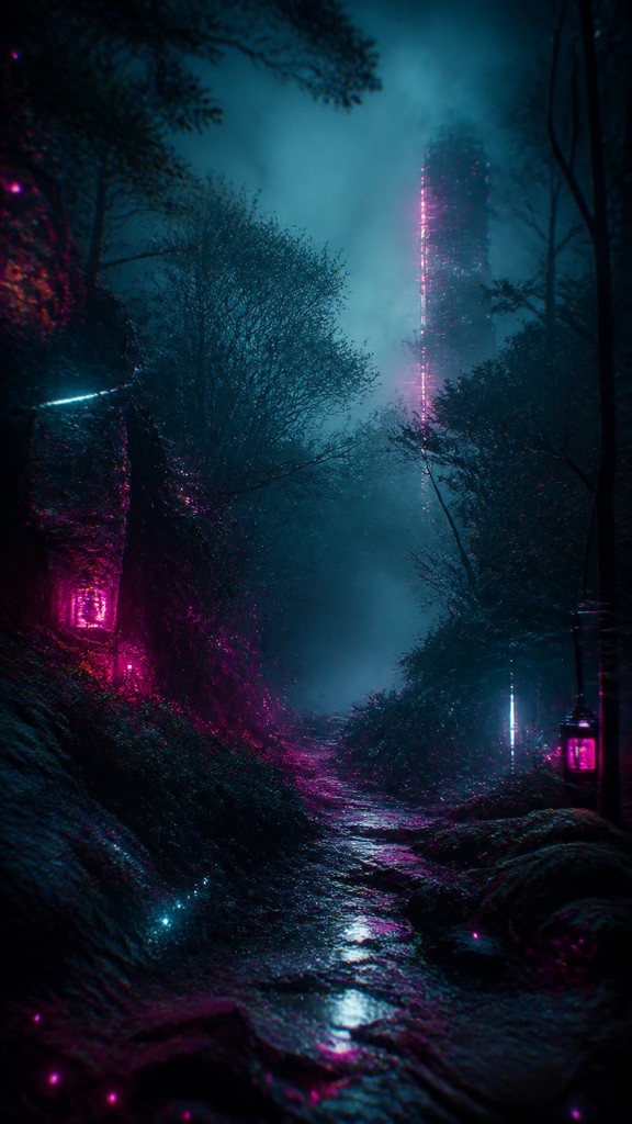a mysterious forest path with fireflies and drifting mist, atmospheric vertical composition with open space at the top, no text