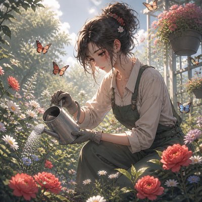 a garden scene with butterflies, flowers and a watering can, clean uncolored line art, no text