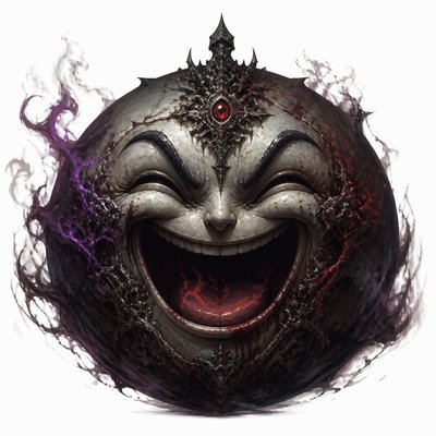 an exaggerated laughing face of an original round mascot character, bold and readable at small size, plain background, no text