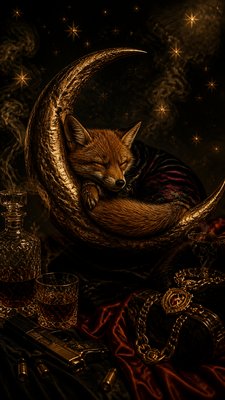 a sleeping baby fox curled on a crescent moon among soft stars, gentle and warm, no text