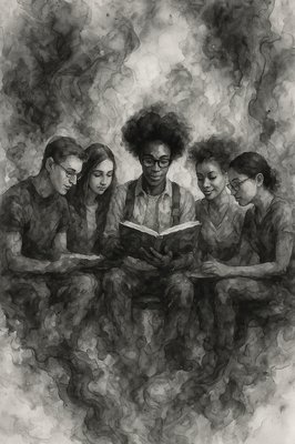 a painting of a group of people reading a book