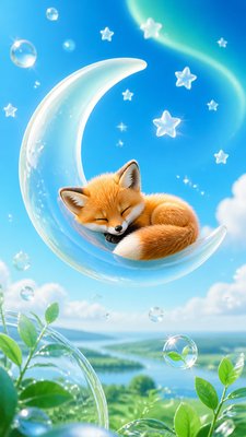 a sleeping baby fox curled on a crescent moon among soft stars, gentle and warm, no text
