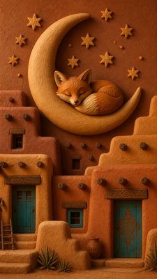 a sleeping baby fox curled on a crescent moon among soft stars, gentle and warm, no text