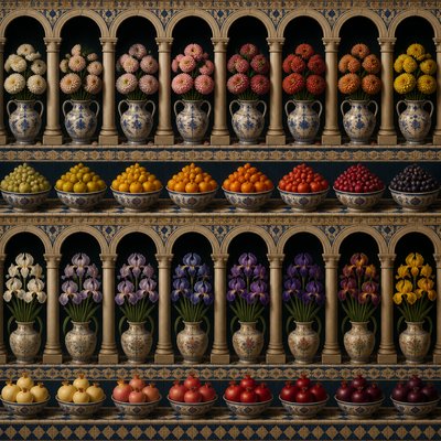still life arrangement of fruits and flowers