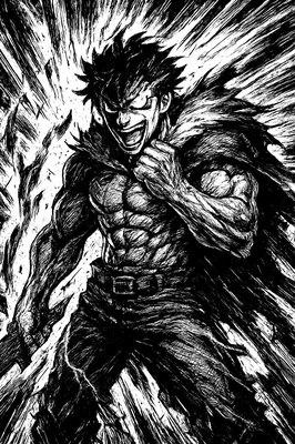 a black and white drawing of a hero